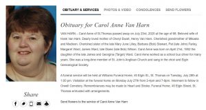 Carol Anne Ward Van Harn died 2020